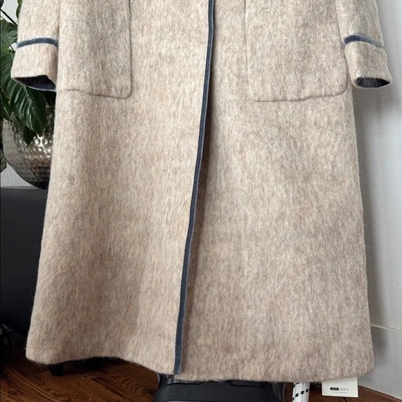 Motf Wool Blend Beige Ivory Long Duster Coat/Jacket Sz L Blue Velvet Trim - Picture 4 of 14